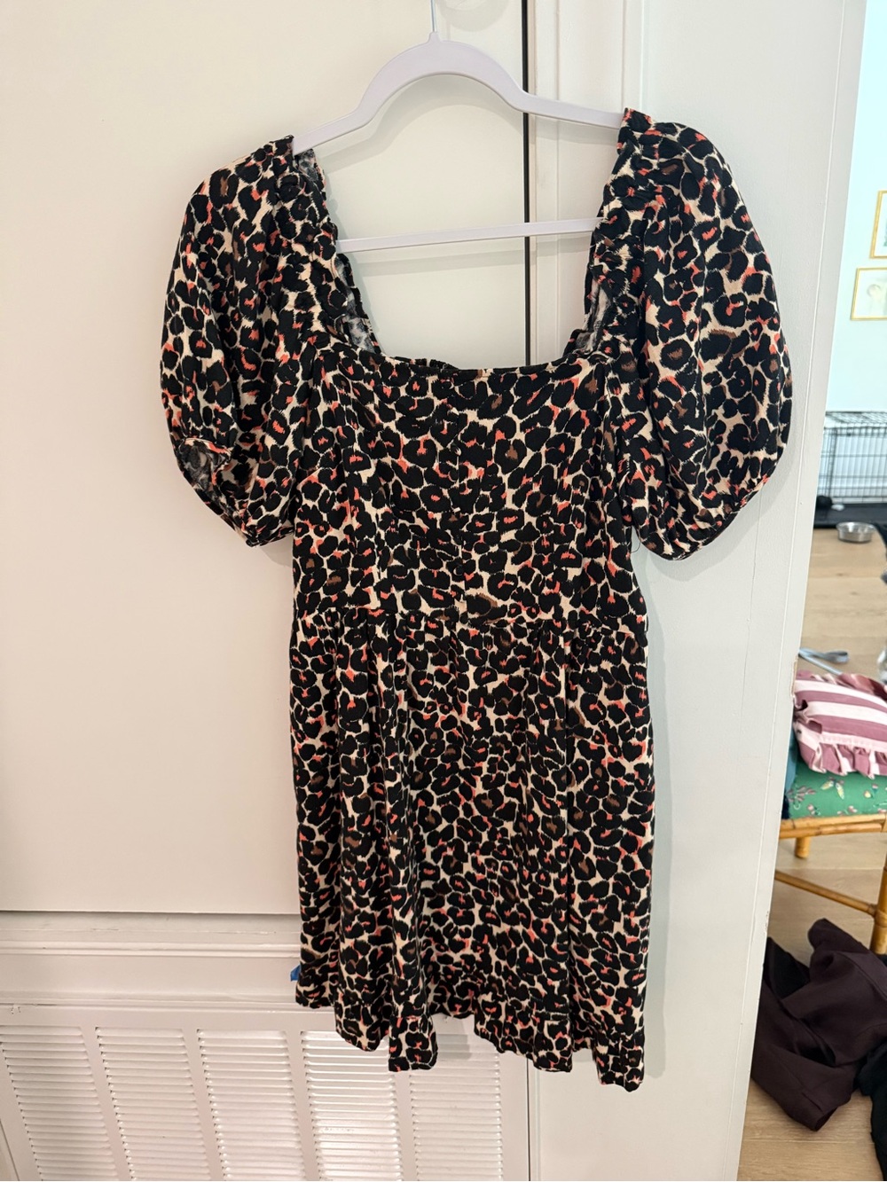 Leopard Print Puff Sleeve Mini Dress in Black and Cream
